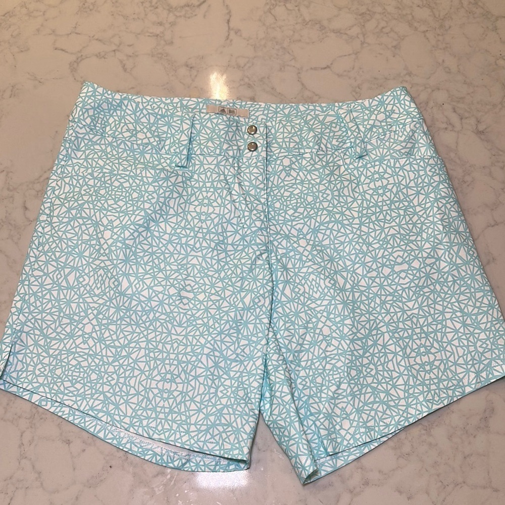 Adidas Golf Womens Geometric Deco Print‎ Shorts Aqua White Size 2 NWT